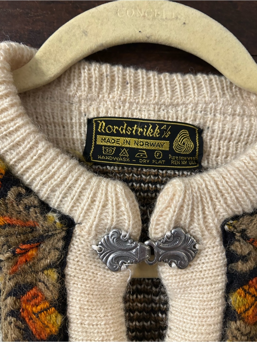 Norwegian Cream Fair Isle Knit Cardigan with Black and Orange Trim - Vintage - Picture 2 of 7